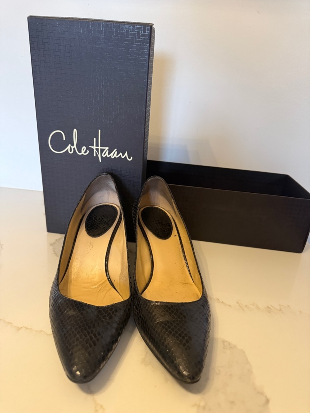 Cole Haan Black Snakeskin-Textured Pointed Toe Pumps